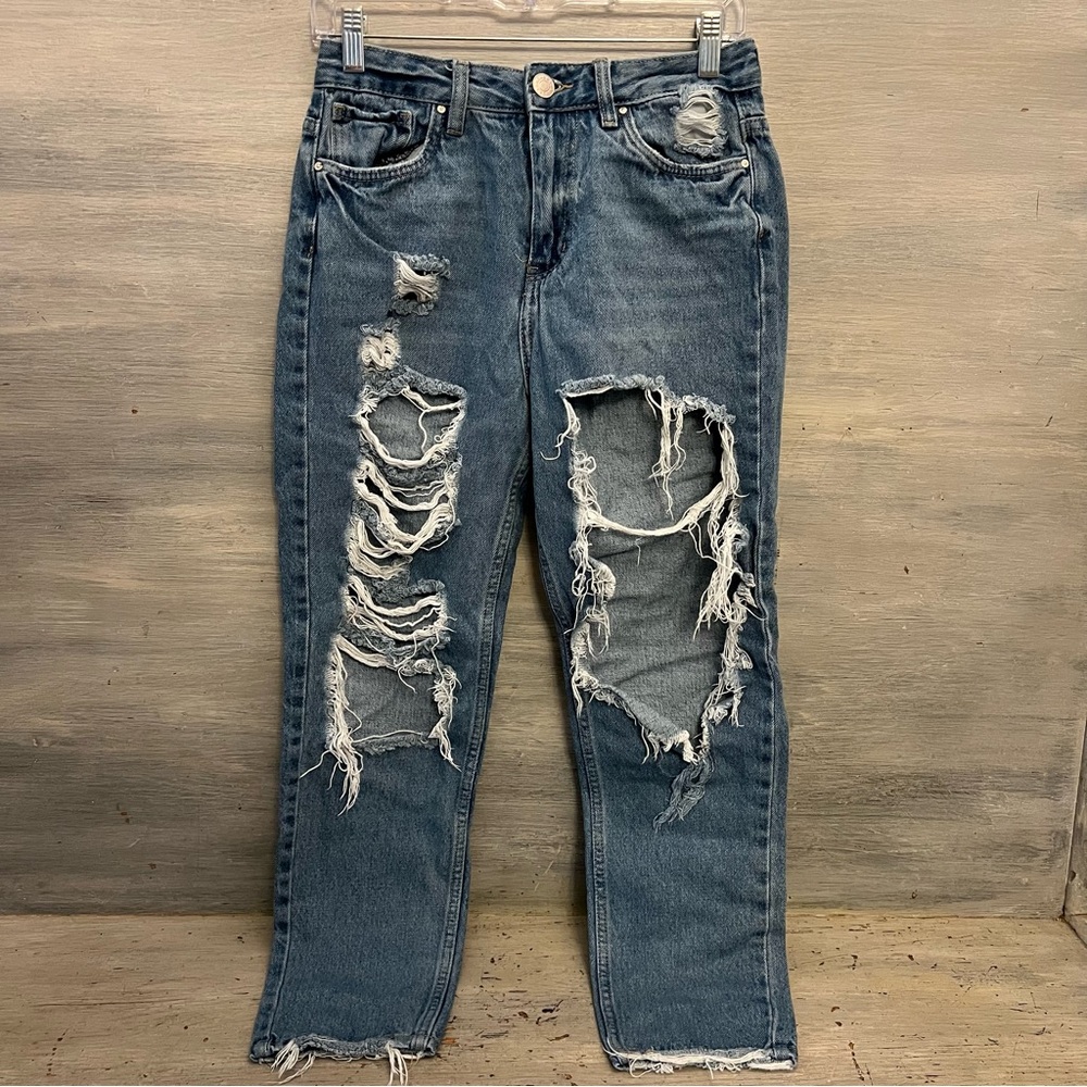 Refuge Mom‎ High Rise Heavily Distressed Medium Wash Denim Blue Jeans Size 5 GC